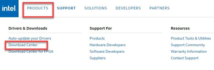 Виберіть «Центр завантаження» на вкладці «Продукти» на офіційному сайті Intel
