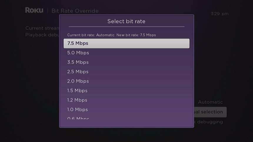 Roku Select Bit Rate képernyő