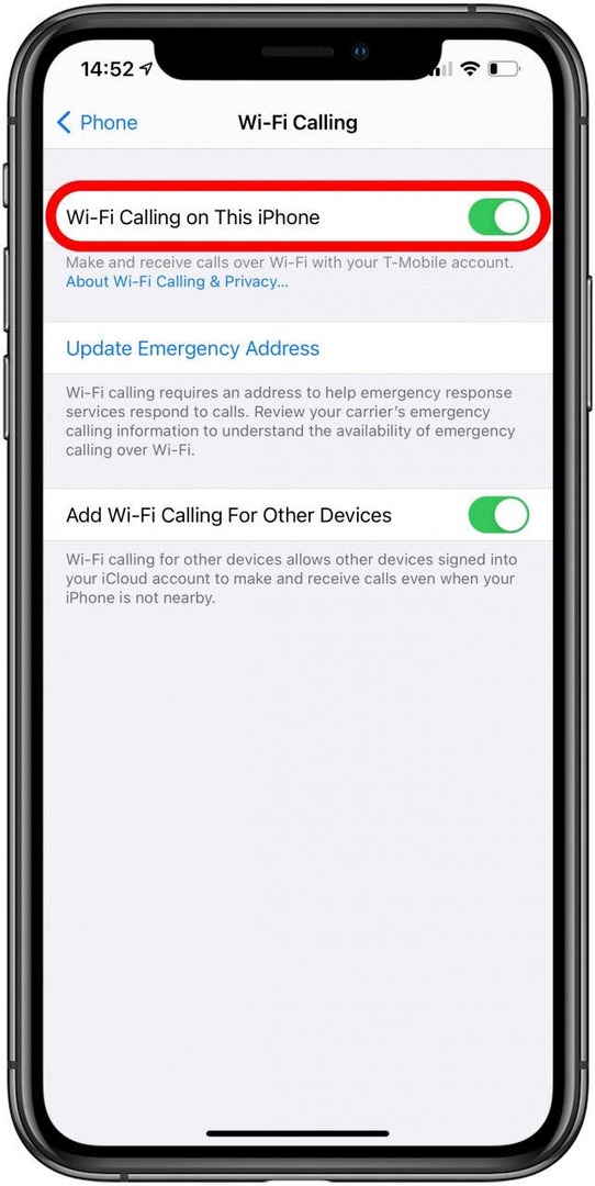 დარწმუნდით, რომ ჩართულია Wi-Fi Calling გადამრთველი.