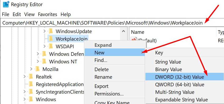 workplacejoin windows რეესტრი