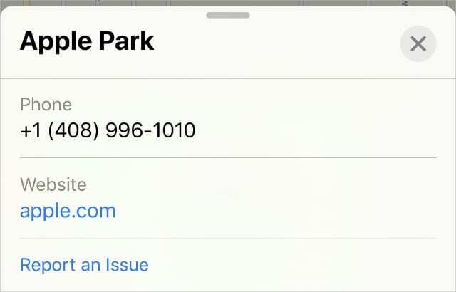 Apple Park poga Ziņot par problēmu pakalpojumā Apple Maps
