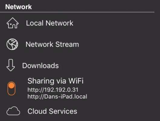 VLC 앱의 WiFi 옵션을 통한 공유