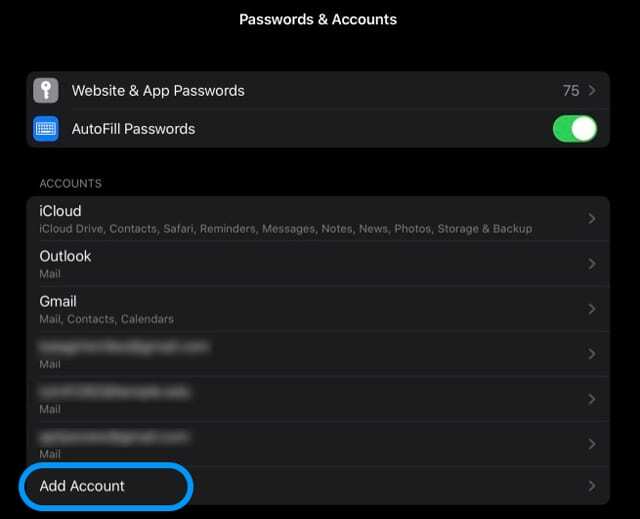 E-Mail-Konto in den Einstellungen für Passwörter und Konten hinzufügen Dunkelmodus des iPad