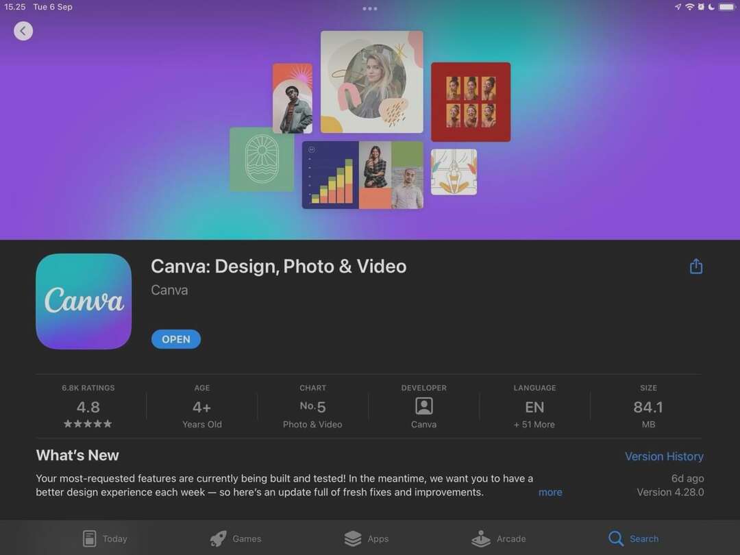 iPad ऐप स्टोर पर Canva ऐप का स्क्रीनशॉट