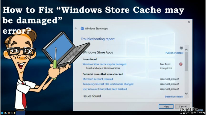 une image de l'erreur « Le cache du Windows Store peut être endommagé »