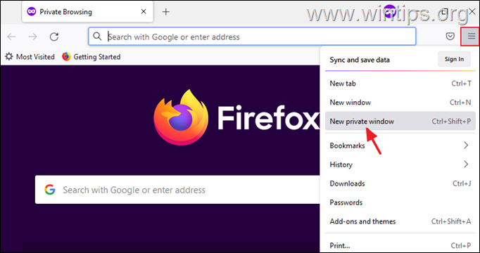 Firefox Νέο ιδιωτικό παράθυρο