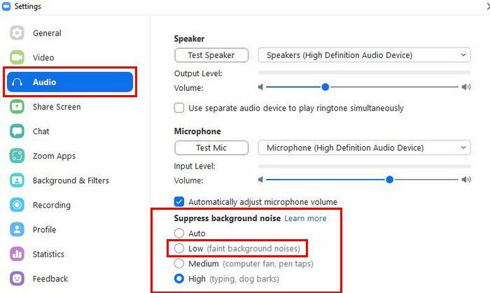 Configuração de áudio de zoom