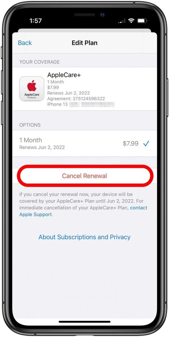 AppleCare+ Rediger plan-skærm med Annuller fornyelse markeret.