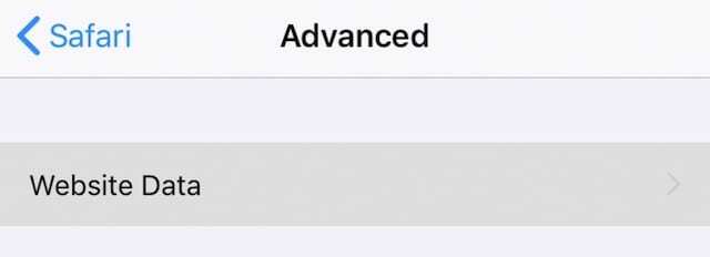 Menu Données du site Web dans les paramètres de Safari iOS