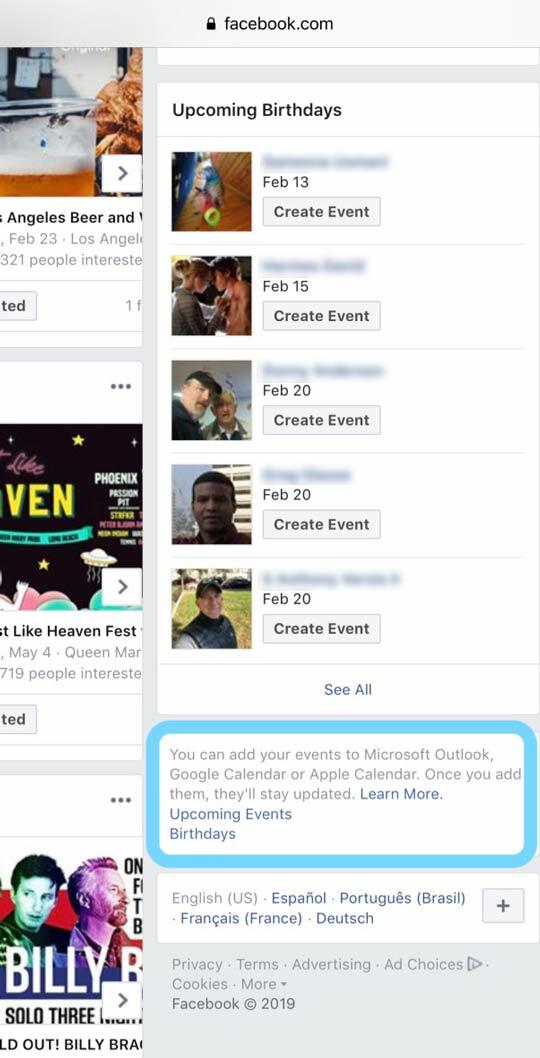 Aplicativo de calendário iOS para adicionar eventos do Facebook ou aniversários