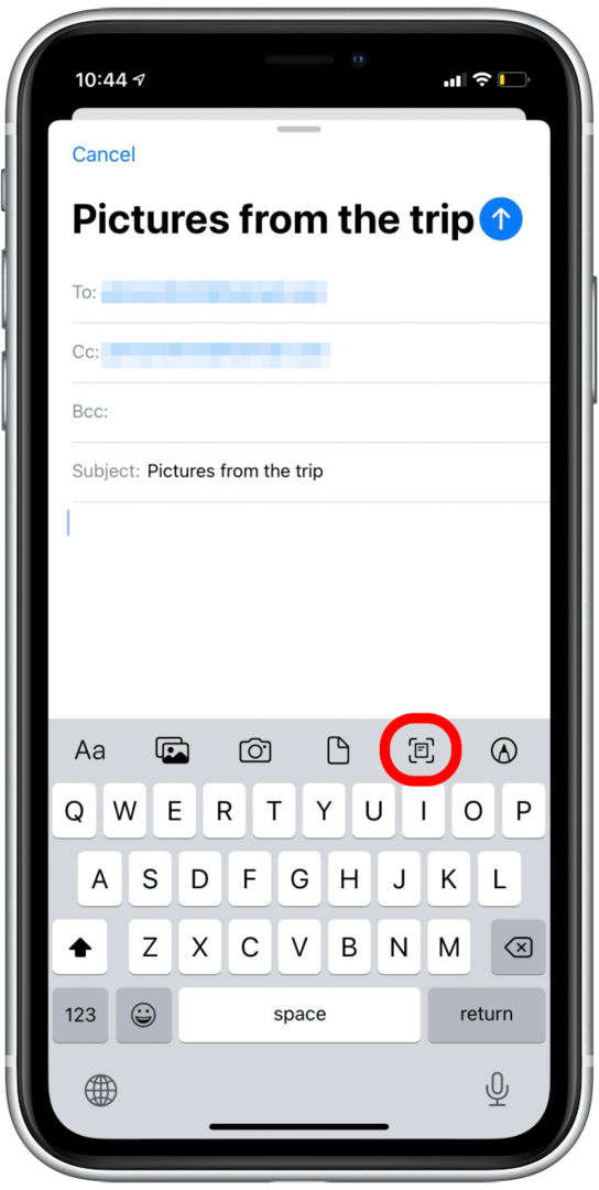 Tippen Sie auf das Scan-Symbol, um einen Scan an eine E-Mail anzuhängen