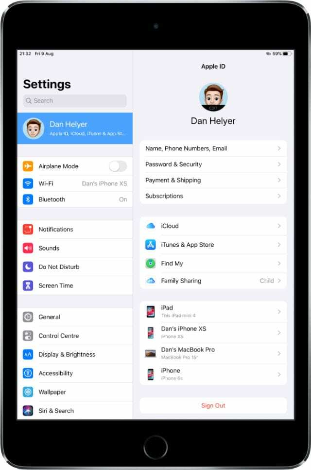 iPad minin Apple ID -asetukset näyttävät iCloud-tilin