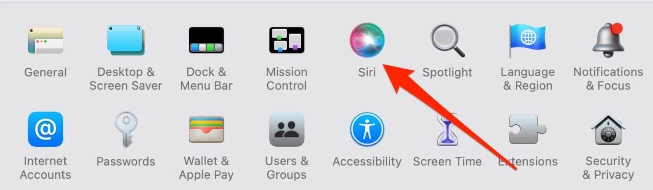 Captura de pantalla que muestra el ícono de Siri en Mac en las preferencias del Sistema