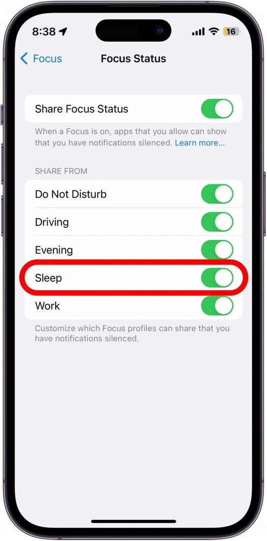 Pavyzdžiui, jei nenorite, kad kas nors galėtų jums siųsti SMS, kol miegate, bakstelėkite perjungiklį šalia Miego režimo.