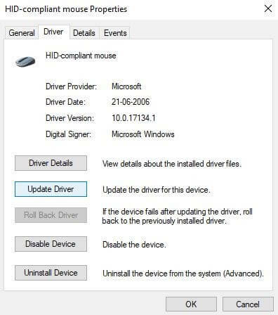 Skift til fanen Driver og klik på Opdater driver