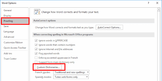 Bouton Word 2016 Custome Dictionnaires