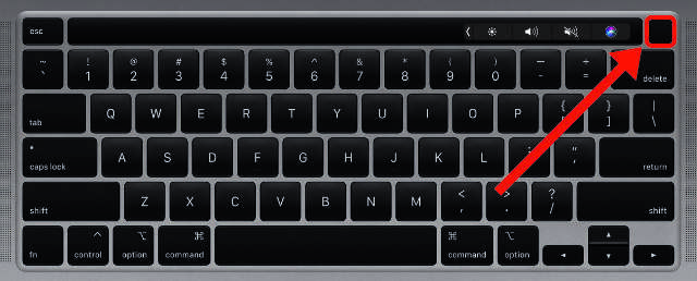 MacBookin näppäimistö korostaa Touch ID: n virtapainiketta