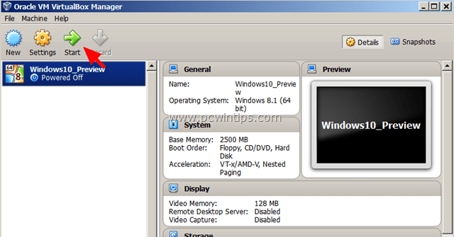 Démarrage de la machine virtuelle VirtualBox