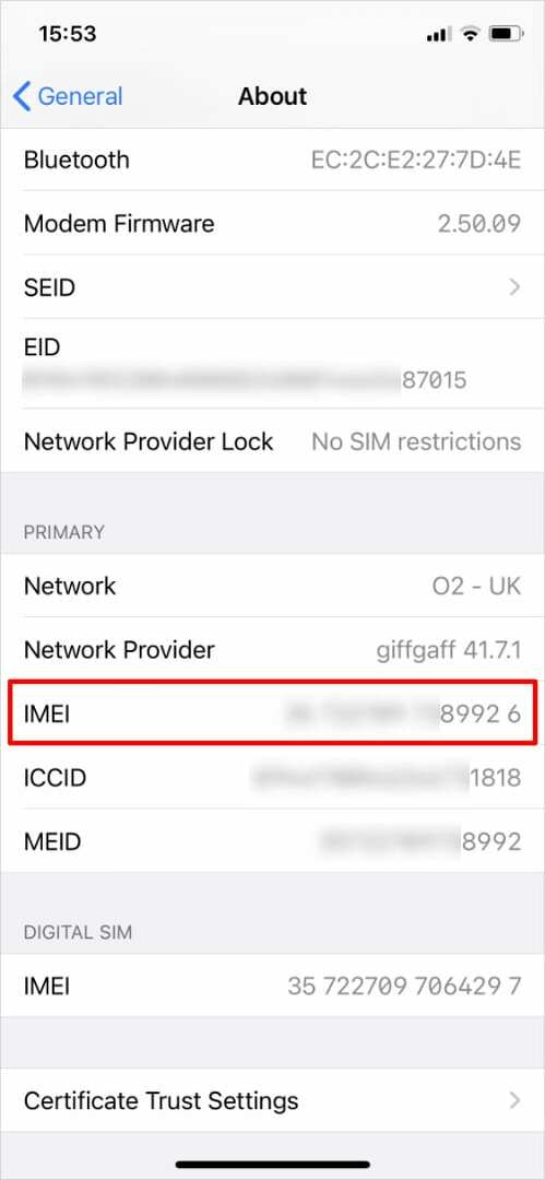 À propos des paramètres sur iPhone mettant en évidence le numéro IMEI