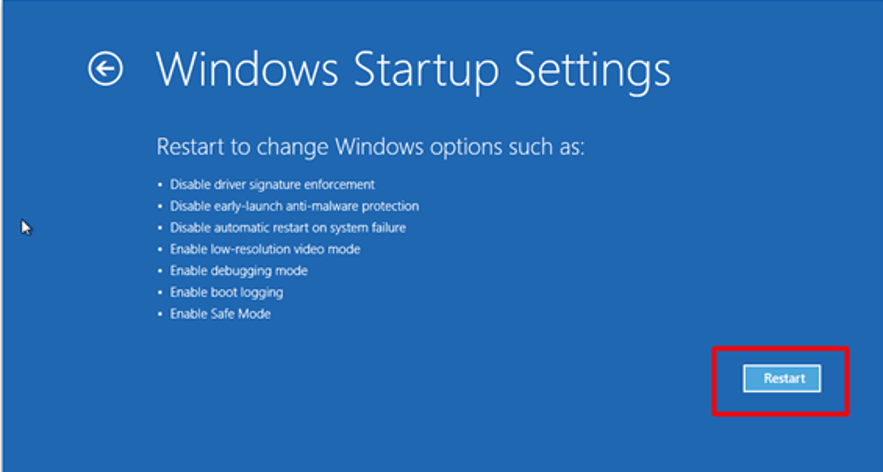 I Windows Startup Setting Klikk på Restart-knappen