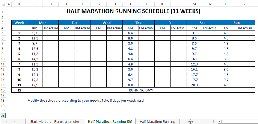 Horaire d'entraînement du marathon