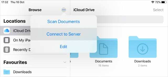 Opzione Connetti al server in File per iPadOS e iOS 13