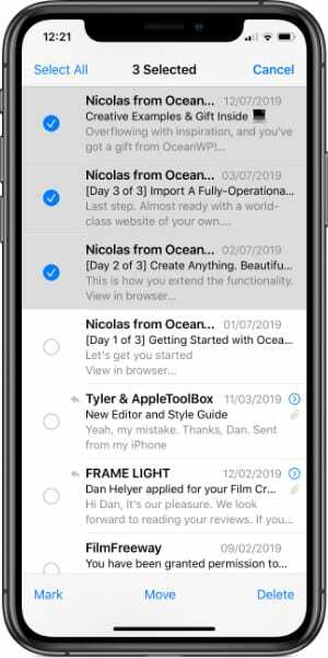 Flera meddelanden har valts i Mail-appen