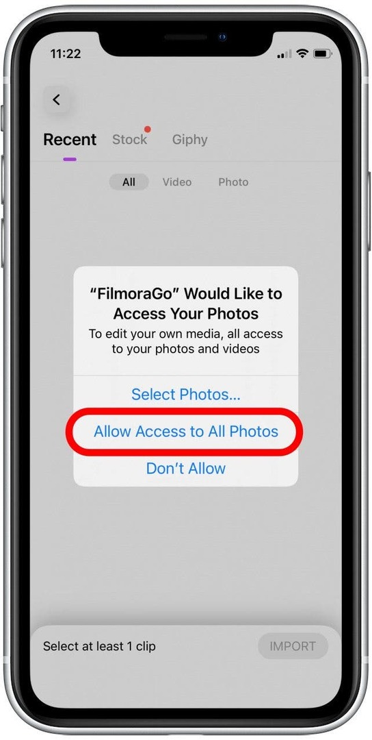 Tryck på Tillåt åtkomst till alla foton. Du kan alternativt ge appen tillgång till specifika individuella fotovideor om du föredrar det.