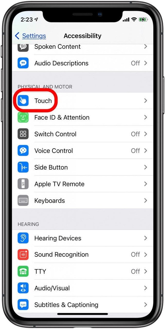 paramètres d'accessibilité de l'iphone touch