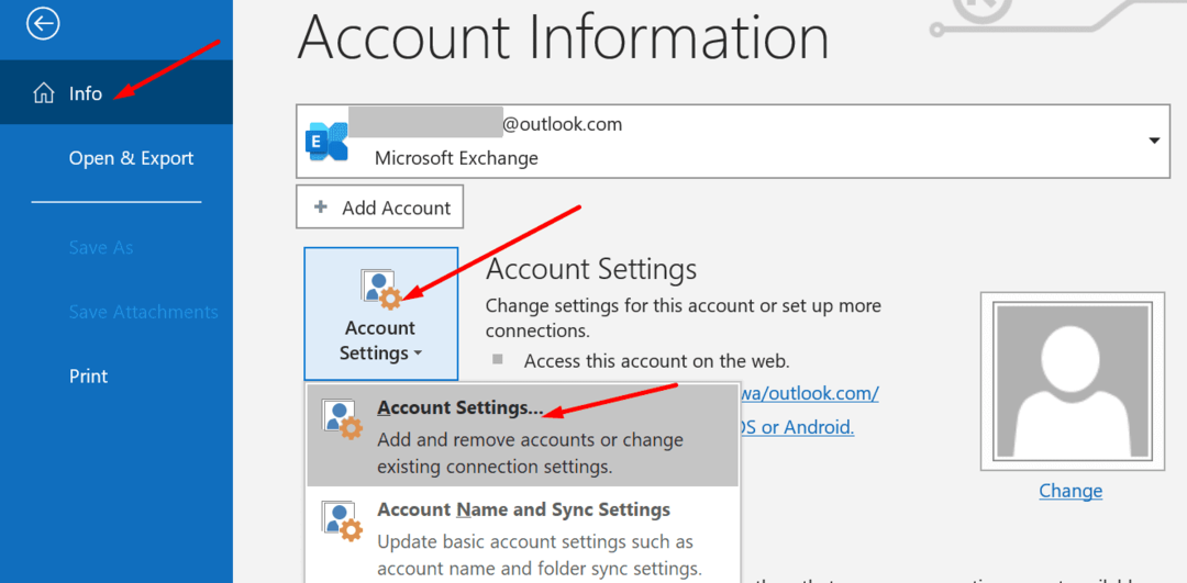 настройки на акаунта в Microsoft Outlook