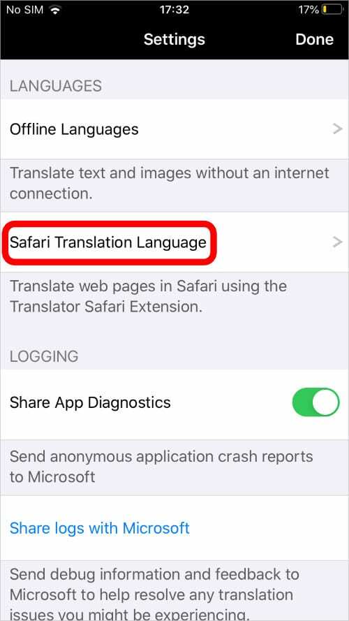 Safari თარგმანის ენის ვარიანტი Microsoft Translator-ში