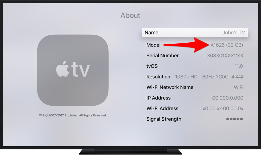 Apple TV 설정에 모델 번호가 표시됩니다.
