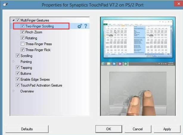 Åbn Multi Finger Gestures, derefter Undersøg Box Two-Finger Scrolling