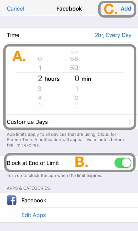 tijdslimiet opslaan voor een individuele app in iOS Screen Time