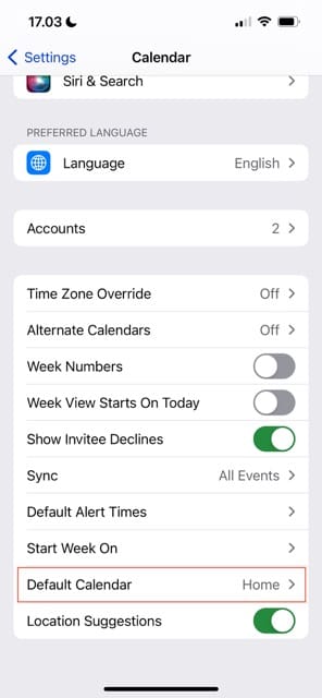 Captura de pantalla de iOS del calendario predeterminado