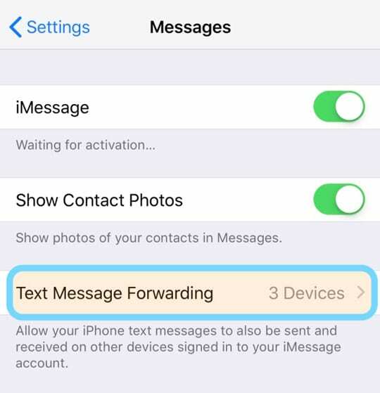 إعادة توجيه الرسائل النصية لتطبيق رسائل iPhone