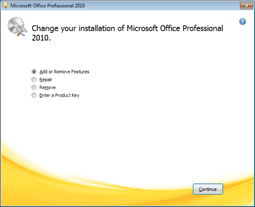 Office 2010 Lisää Poista ominaisuuksia -vaihtoehto