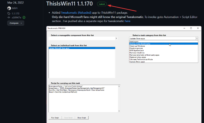 Naudokite „Windows 11 Debloater“ iš „GitHub“.
