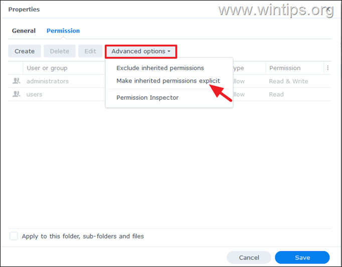 Modificați permisiunile folderului - synology