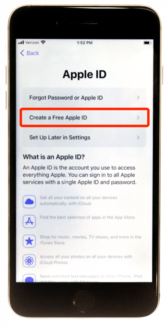 Vyberte Vytvořit bezplatné Apple ID.