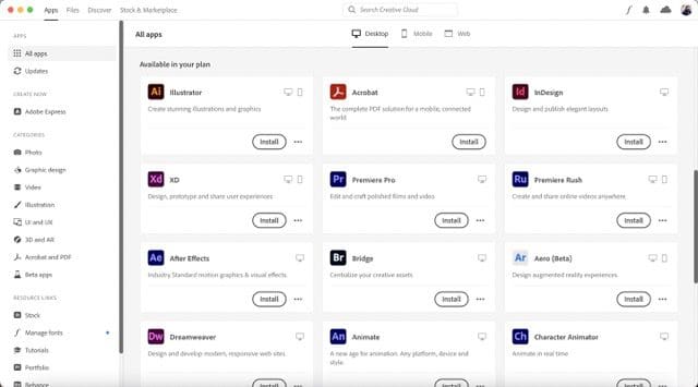 Skjermbilde som viser en liste over Adobe CC-apper du kan laste ned
