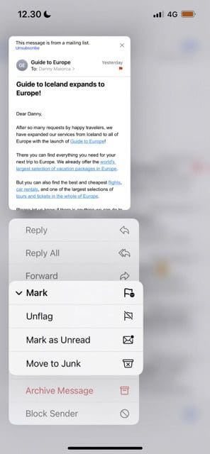 zrzut ekranu pokazujący, jak oznaczyć wiadomość e-mail jako przeczytaną w poczcie dla systemu iOS