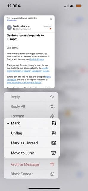 posnetek zaslona, ​​ki prikazuje, kako označiti e-pošto kot prebrano v aplikaciji Mail za iOS