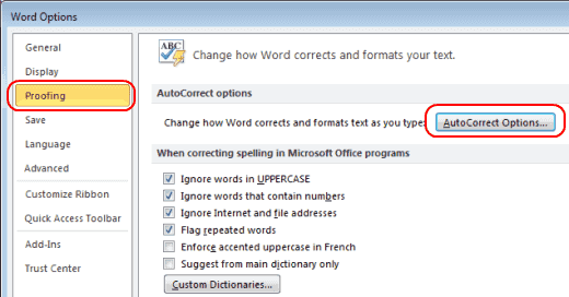 Word 2010 Korrektur og Autokorrektur knap