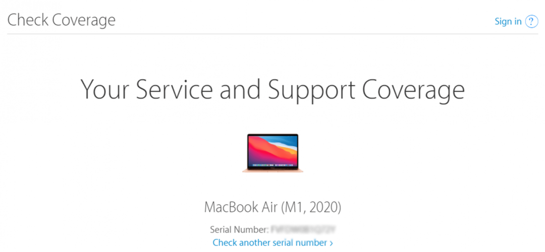 Näet MacBookin malli- ja sarjanumeron sekä käytettävissä olevan kattavuuden