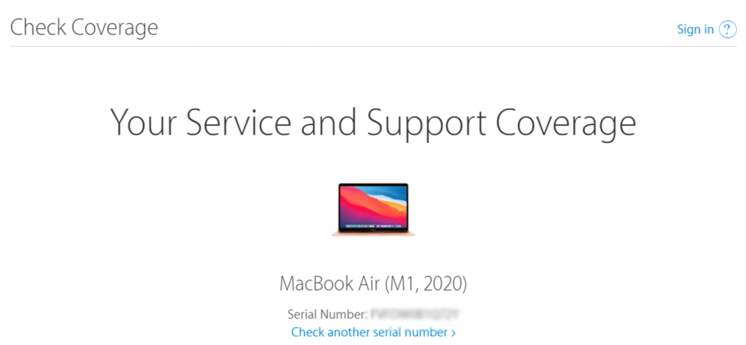 आपको अपना मैकबुक मॉडल और सीरियल नंबर, साथ ही आपके पास उपलब्ध कवरेज दिखाई देगा