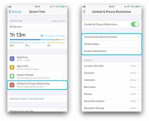 שני צילומי מסך של אייפון המציגים את זמן המסך ואת דפי הגבלות התוכן והפרטיות.
