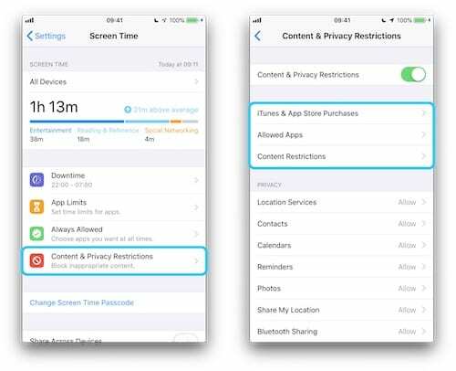 To iPhone-skjermbilder som viser sidene skjermtid og innholds- og personvernrestriksjoner.