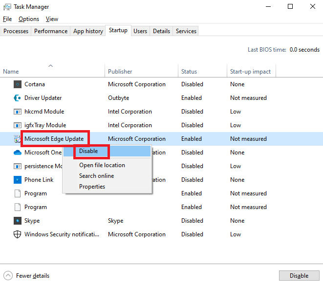Microsoft Edge Update - Poista käytöstä