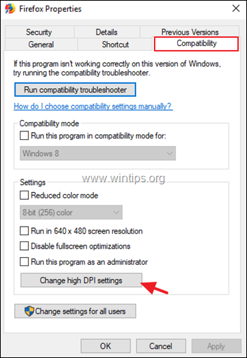 Ändern Sie die DPI-Einstellungen für die Anwendung Windows 10